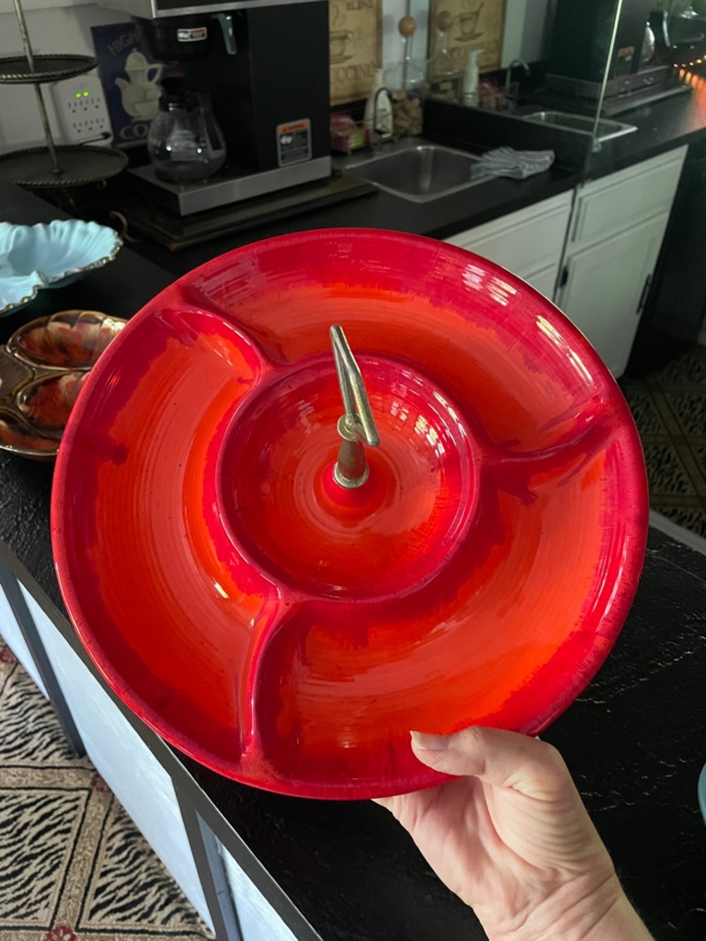 70’s Red Ceramic Divided Serving Tray with Center Handle Beautiful & Stylish